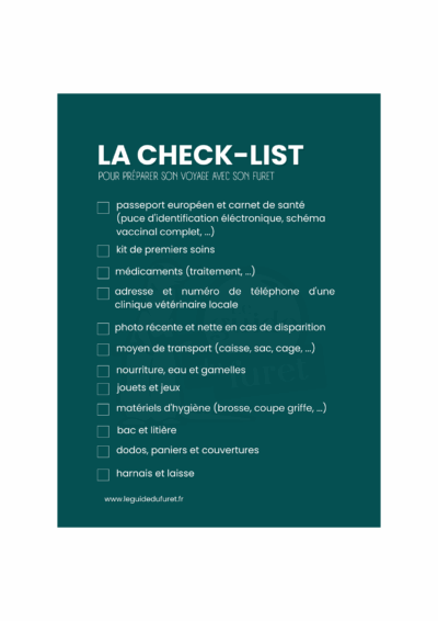 Image d'une check-list pour préparer son voyage avec son furet sur fond vert.